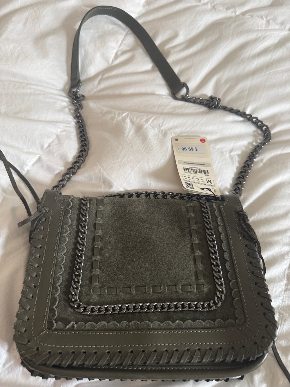 Zara nwt Olive Green Suede & Leather Chain Crossbody Bag